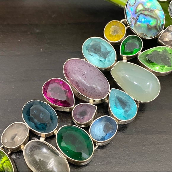 Stunning Multicolored Gemstones Crystals Mixed Cabochon Wide Bracelet 55.1g - Picture 9 of 16